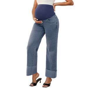 Maternity Straight Leg Cuffed Comfy Over Belly Support Denim Pants Retro Blue